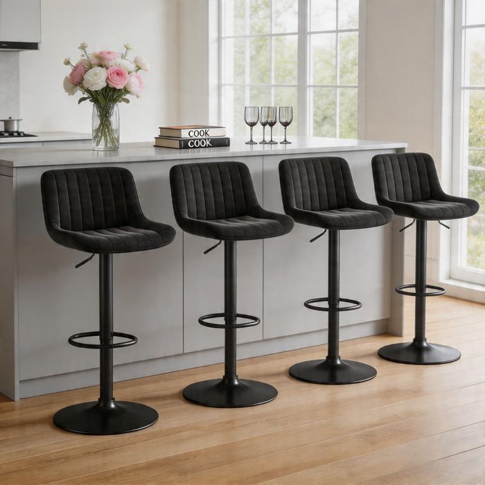 Tabourets de bar - Pivotants velours - Réglables 87-109 cm - Rotation 360° - Lot de 4