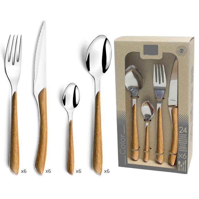 Ménagère 24 couverts de table pour 6 personnes - Eclat Nature - Acier inoxydable 18/0 Finition Brillante - Bois Clair