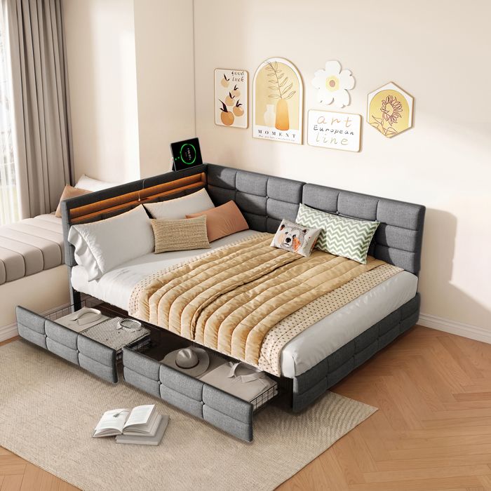 Canapé lit 140x190 cm lit coffre lit double 2 tiroirs LED USB tête lit rembourrée sommier lattes lin gris