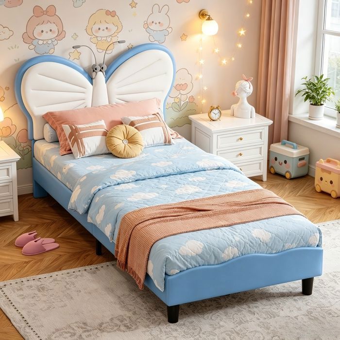Lit enfant 90x190 cmlit simplelit fillelit adolescentLEDtête papillon réglablelampe lecturesommier lattesveloursbleu
