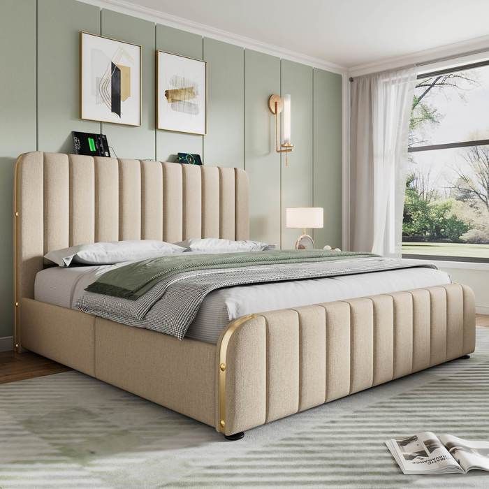 Lit capitonné 140x190 cm avec 4 tiroirs Lit double avec charge USB et Type-C Lin Beige