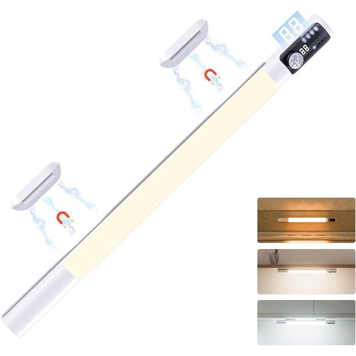 Reglette LED Cuisine Détecteur de Mouvement 38CM Lampe de Bureau s Fil 3 Couleurs Réglable 3 Modes 1 Piece 38 cm Blanc