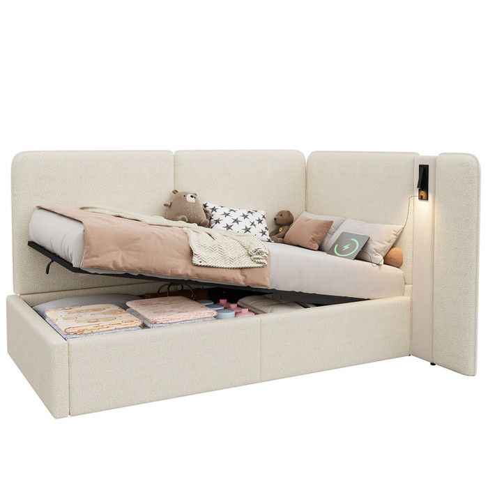 Lit enfant 90x200 avec coffre hydraulique et lampe USB-C - rangement intégrétissu bouclé beige canapé-lit convertiblesans matelas
