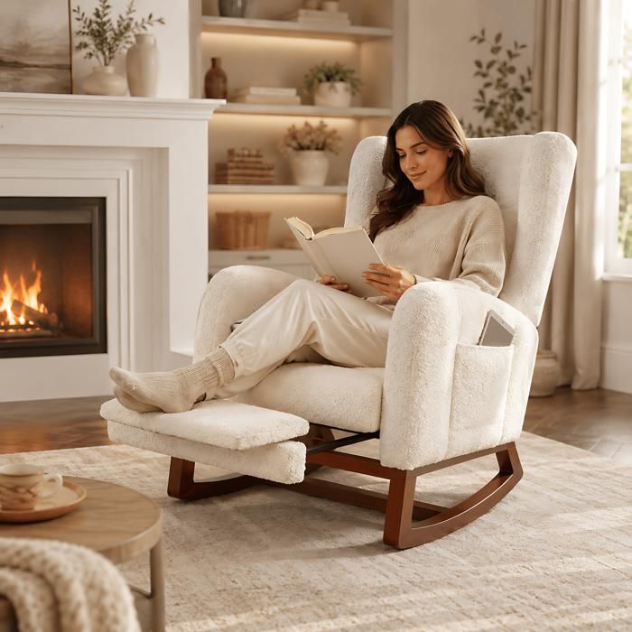 Fauteuil à bascule avec repose-pieds extensible - Fofetbfo - Dossier haut - Coussin inclus - Poches latérales - Velours blanc
