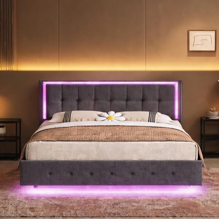 Sommier tapissier deux places 140x200 cm lin neutral gray avec éclairage LED et prise USB capacité 250 kg