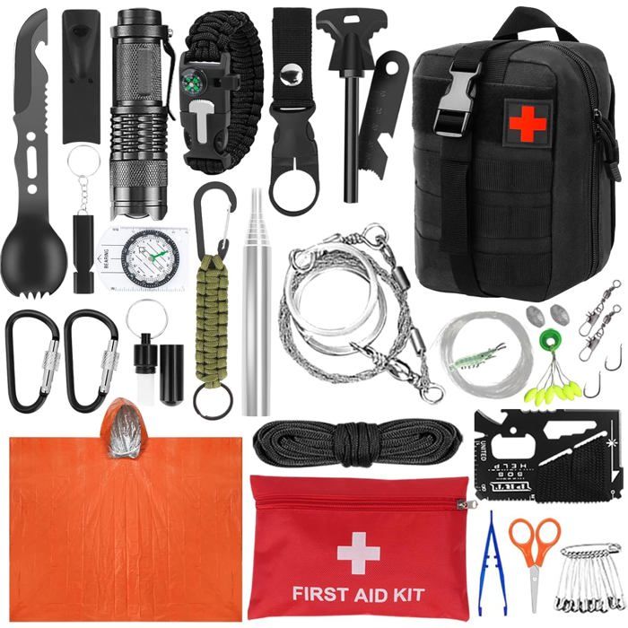 Kit de Survie Sac Complet 30 en 1 de 69 Pièces Trousse de Secours Lampe Torche Boussole Couverture Sifflet de Survie