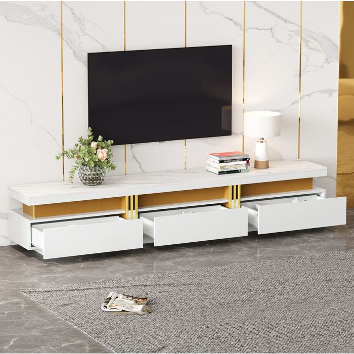 Ensemble Meuble TV Mural avec 3 Tiroirs et Niche Ouverte - MEUNIQ - Effet Marbre - Panneaux de Particules - Blanc