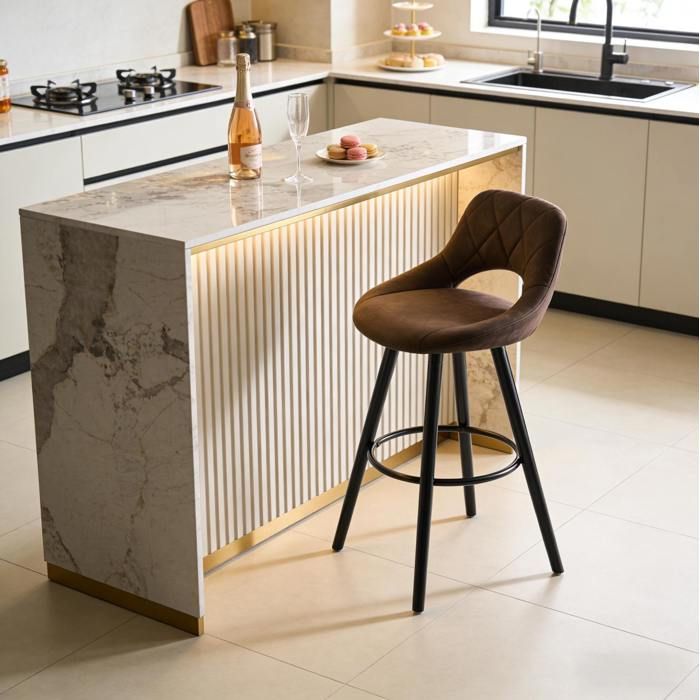 Tabouret de bar avec dossier et assise ergonomique - ELVMI - bois massif tissu charge 100 kg - marron