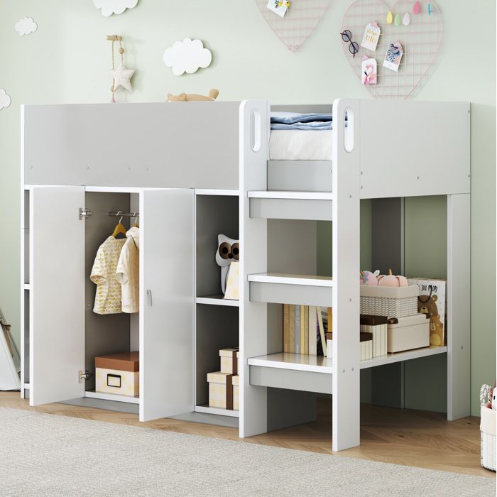 Lit mezzanine enfant 90×200 cm armoire étagères et échelle - LPOSPI - sans matelas panneaux de particules - gris et blanc