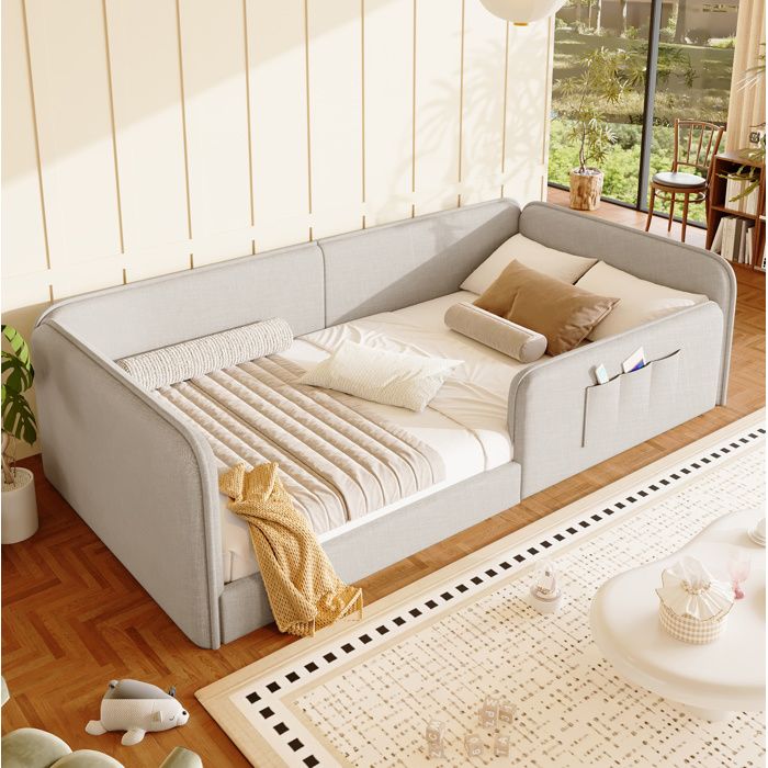 HOMVRA lit plateforme 90 x 200 cm 1 place avec cadre de sécurité rembourré lin beige