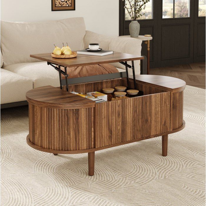 Table basse relevable ovale avec rangement style vintage MDF bois massif marron VEVXYN