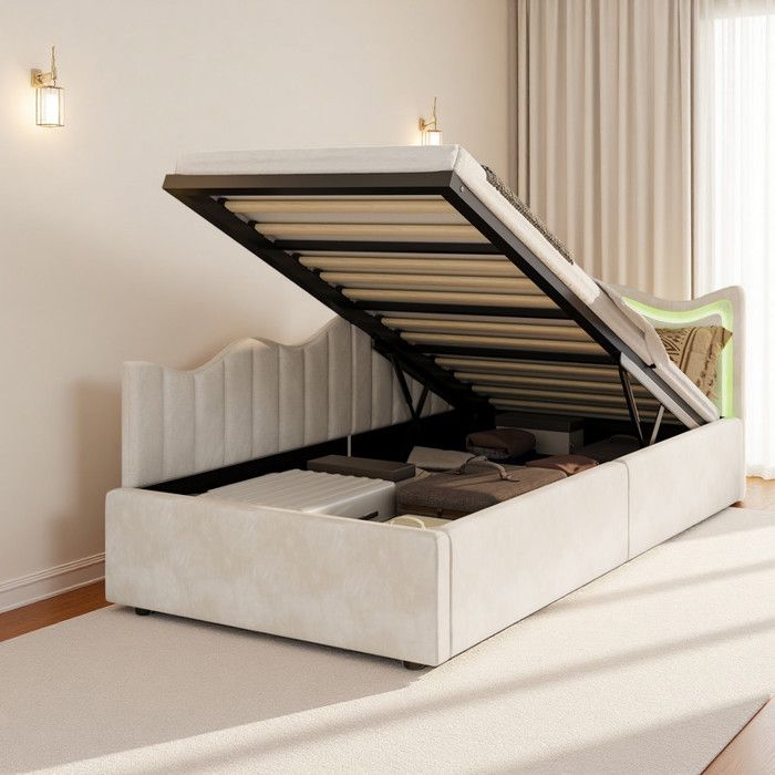 Lit coffre 90x200 beige lit simple hydraulique avec rangement velours blanc cassé tête ondulée LED RVB peluche teddy 200kg