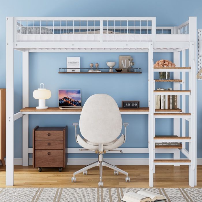 Lit mezzanine métal 90x200 cm - Lit mezzanine enfant avec bureau et étagères - Sommier inclus - blanc et bois