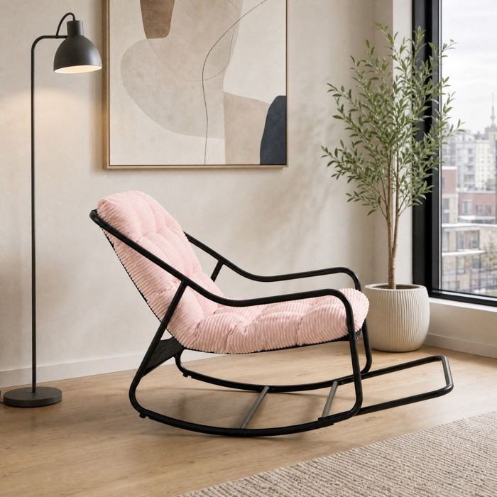 Chaise à bascule - ZEVKOR - Modèle réglable - Coussin épais 8 cm - Métal noir & rose - Intérieur/extérieur