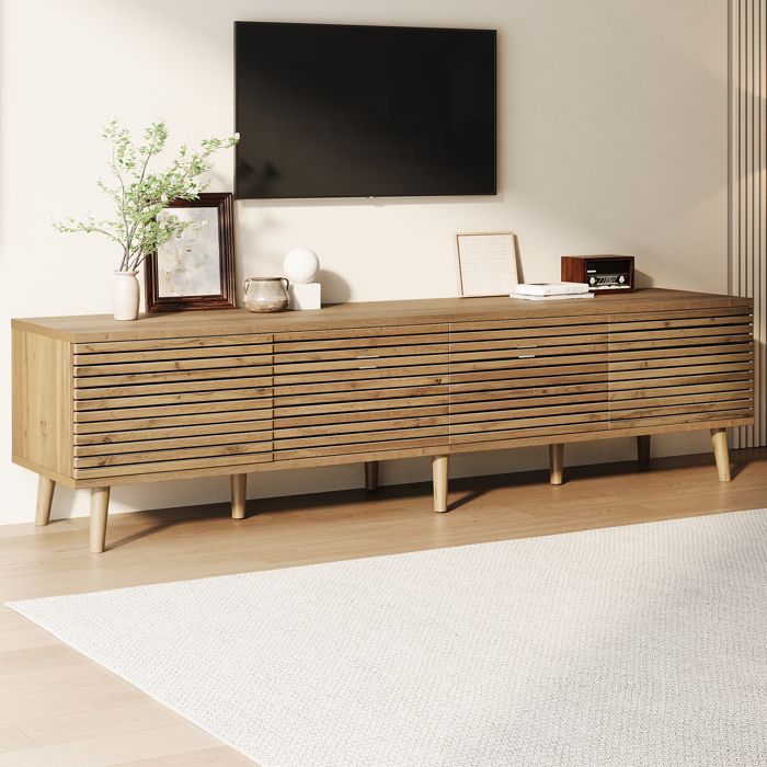 Meuble TV 180 cm Bois Clair pour Écran 75 Pouces Banc TV Scandinave 4 Portes à Lattes avec Rangement et Passe-Câbles