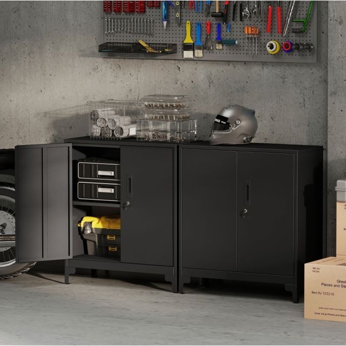 Armoire de bureau en métal noir 80 x 35 x 91 cm meuble de rangement 2 portes verrouillables avec étagère FOLYNA