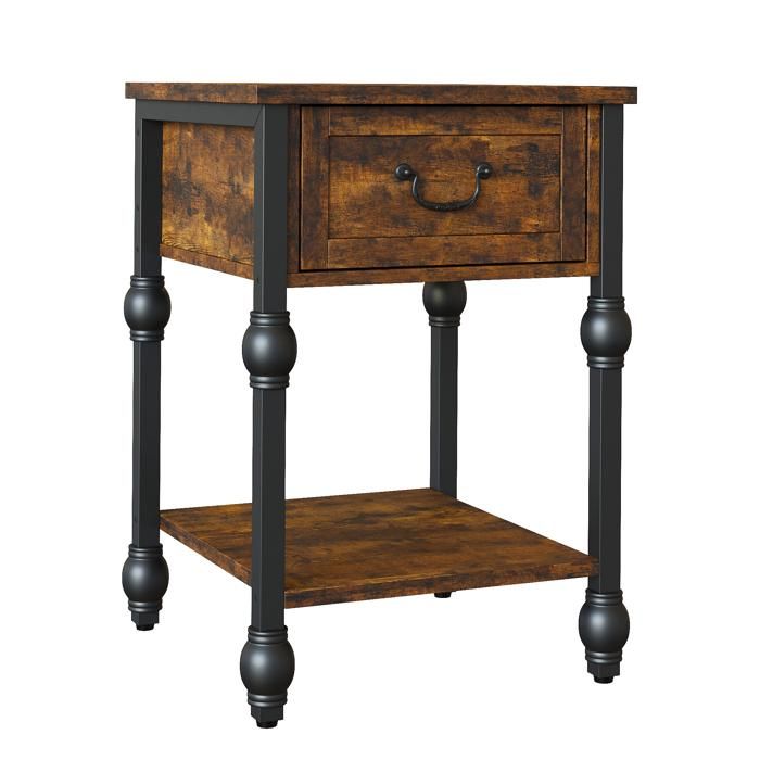 Table dappoint industrielle tiroir bout canapé table chevet carrée étagère 2 niveaux MDF métal style rétro vintage