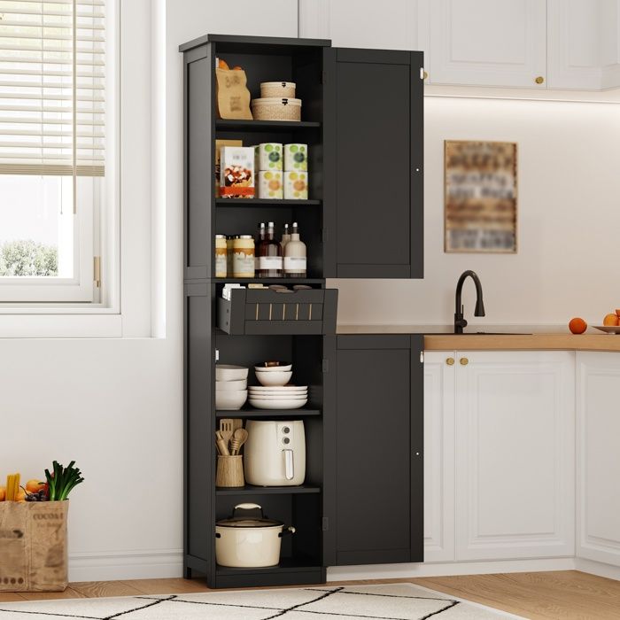 Meuble colonne de cuisine - ZEVKOR - 170×40×30 cm - 2 portes - 1 tiroir - 4 étagères réglables
