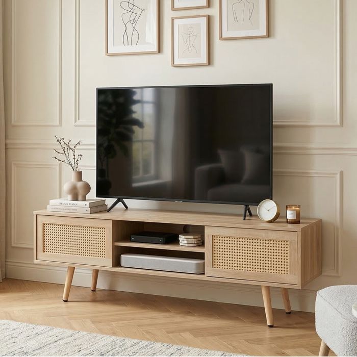 Meuble TV rotin portes coulissantes rangement étagères réglables aspect bois naturel 140 x 40 x 46 5 cm TYNQER