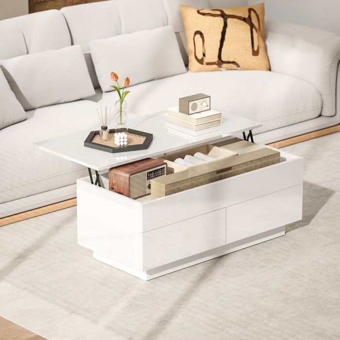 Table basse relevable avec 2 tiroirs - 102x48x54 5 cm - Table de salon fixe laquée blanc brillant avec rangement caché - Blanc