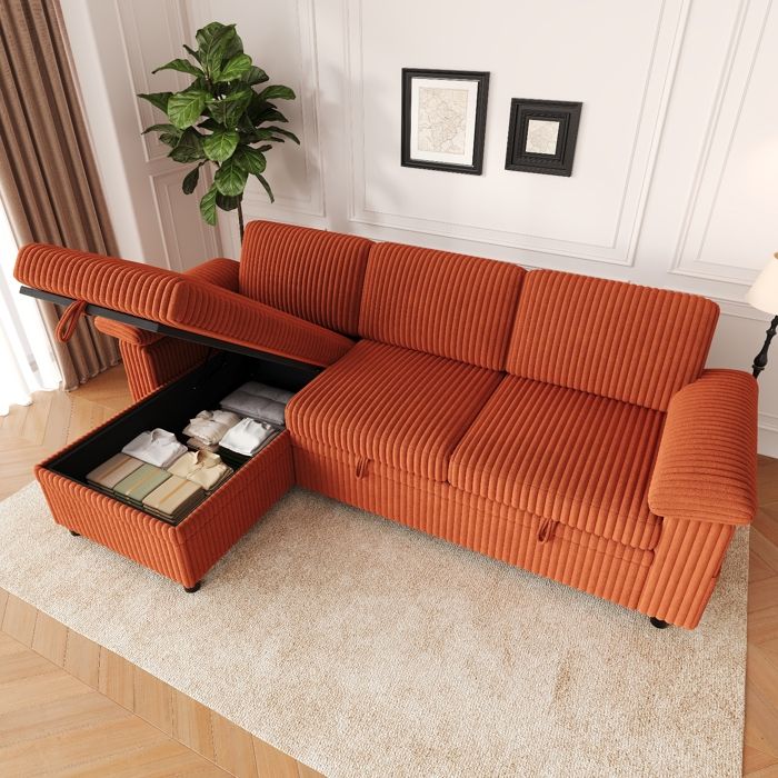 Canapé dangle convertible velours côtelé orange 3 places méridienne réversible coffre port USB dossier réglable 214x138.5x89cm