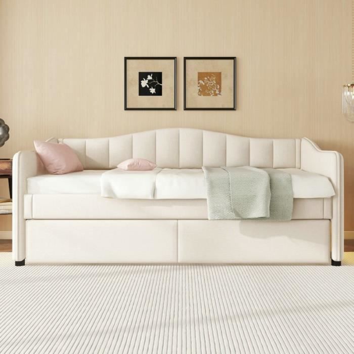 Lit gigogne - 90x200 cm - À lattes - Lin & MDF - LED télécommandée