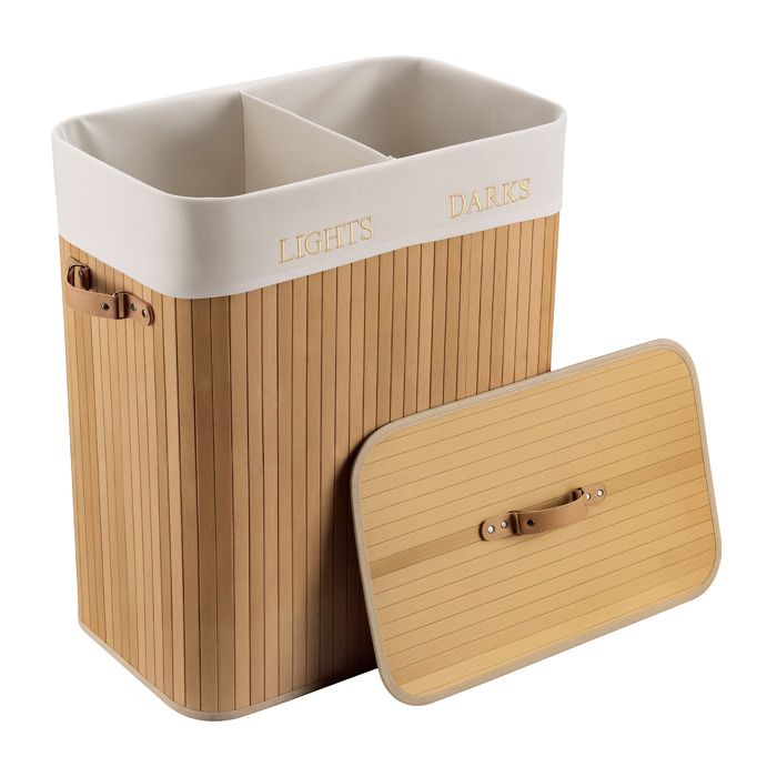 Wiltec Panier à linge Pliable Bambou clair 150L Sac en lin