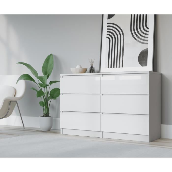 3xeliving Commode élégante et spacieuse Demii 6 tiroirs 140 cm, blanc/ blanc brillant, parfaite pour le salon, le bureau, la