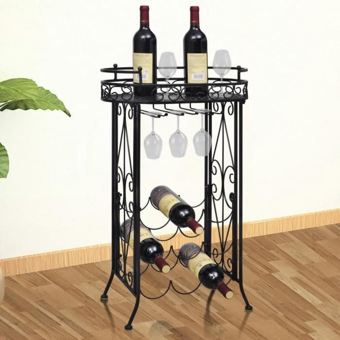 Support à vin CHEZ JM® - Range-bouteilles - Casier à bouteilles avec porte-verre - 9 bouteilles - Métal