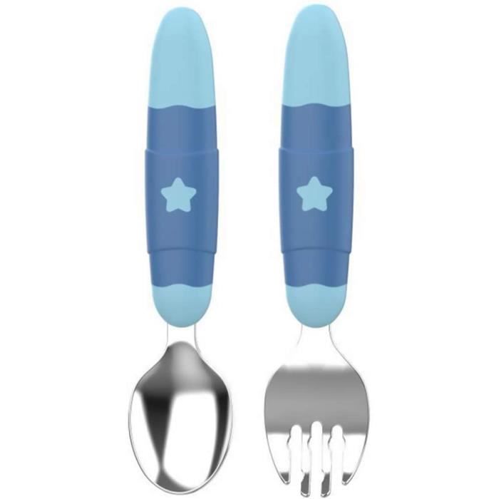 ustensile de sécurité thermique en silicone souple pour l/'apprentissage de l/'alimentation pour petits enfants Bleu Ensemble cuillère et fourchette pour bébé et enfant en bas âge