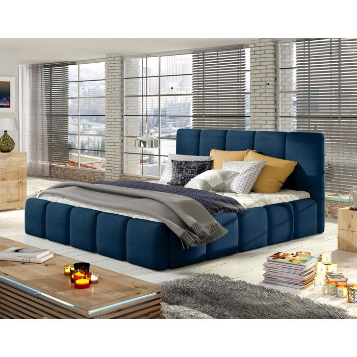 Lucea - lit coffre king size - 180x200 - sommier inclus - en velours - Bleu nuit