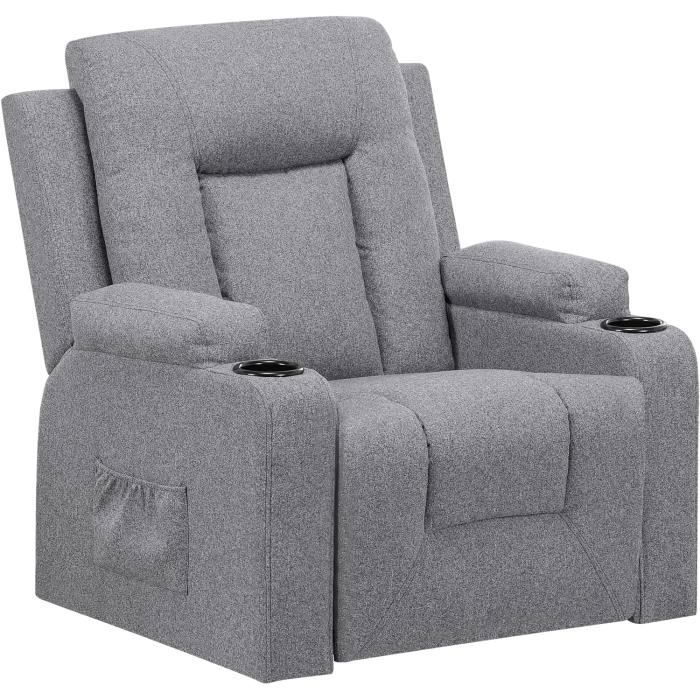 Fauteuil Relaxation en Tissu avec Fonction Inclinable Recliner Chair 2 Poches Latérales et Porte-Tasse Gris Foncé