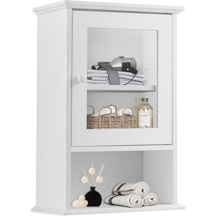 COSTWAY Armoire Murale deSalle de Bain Placard Mural de Toilettes avec Étagère Réglable Porte en Verre Trempé 35x18x51 cm Blanc COSTWAY Armoire Murale deSalle de Bain Placard Mural de Toilettes avec Étagère Réglable Porte en Verre Trempé 35x18x51 cm Blanc