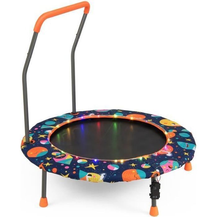 Trampoline pour Enfants 92CM COSTWAY-21 Lumières LED Colorées-Poignée Amovible-Tapis de Saut Rond-3-6 Ans-Intérieur Extérieur-Fleur