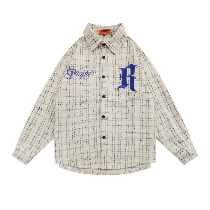 Chemise,chemise à carreaux brodés avec lettres pour hommes,manches