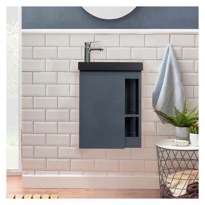 Meuble lave-mains suspendu HAMPTON - Gris anthracite - Vasque noire en résine de synthèse