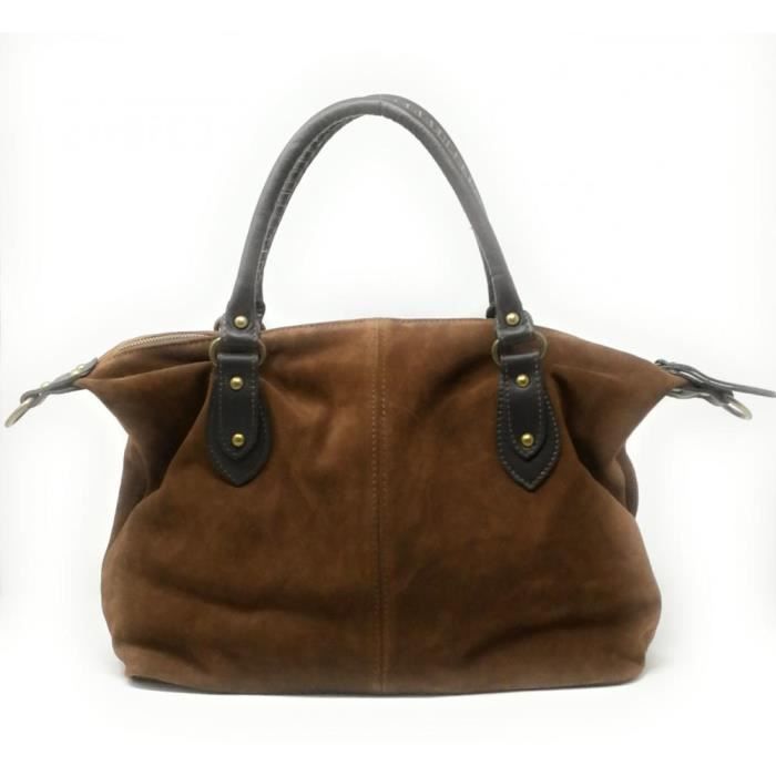 Sac à main en cuir italien nubuck PHI Marron cognac Cdiscount Bagagerie Maroquinerie