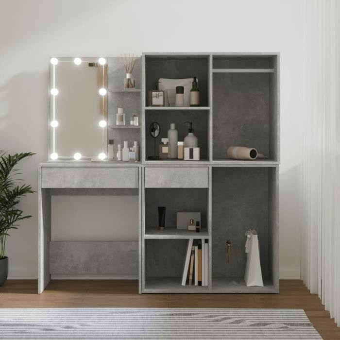 Coiffeuse avec miroir et LED - HOMDOX - Table de maquillage - 5 tiroirs -  étagère - Gris - Cdiscount Maison