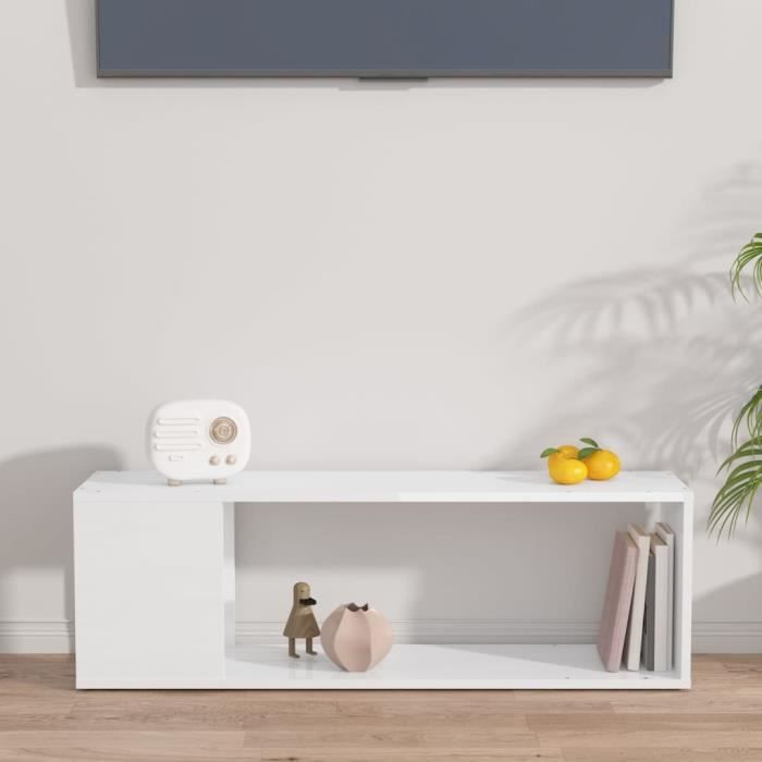 Meuble TV Blanc Brillant 100x24x32 Cm - Avec 2 étagères, Design Moderne - Pour Salon, Salle à Manger Ou Chambre - 14