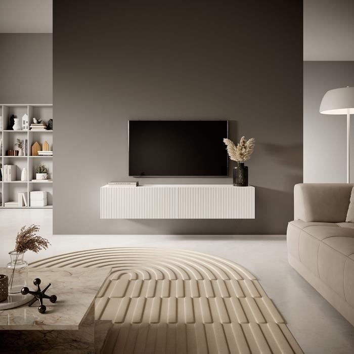 Meuble TV - VELDIO - 140 cm blanc avec façade fraisée