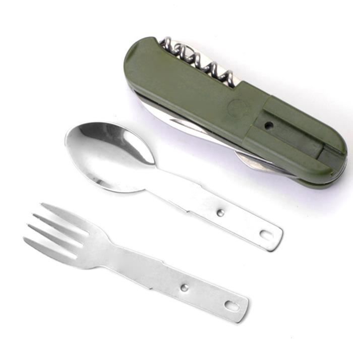 4 En 1 Ustensiles De Camping Pliables Acier Inoxydable - Cuillère Fourchette Couteau Ouvre-bouteille - Noir Portable