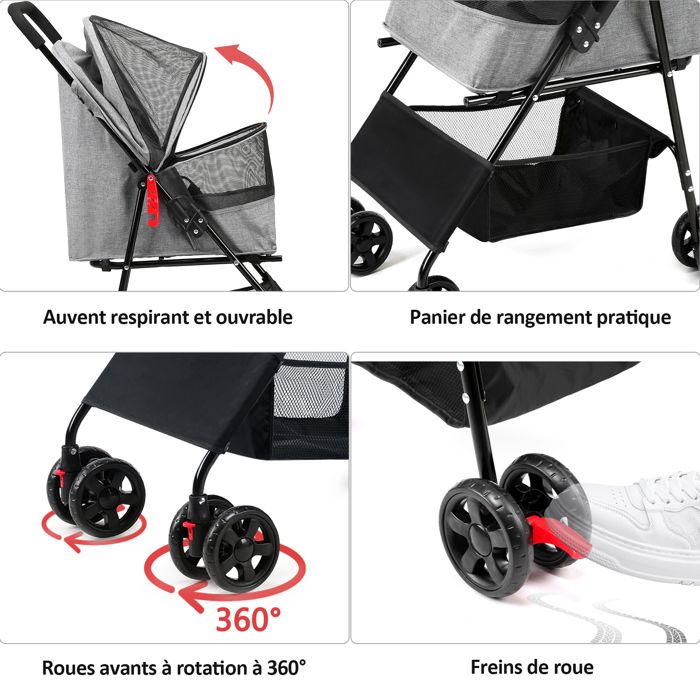 Poussette Chien, Avec Panier De Rangement, 4 Roues, Poussette Pour Chien Chat Tout Terrain Pliable, Léger Et Pratique - Gris