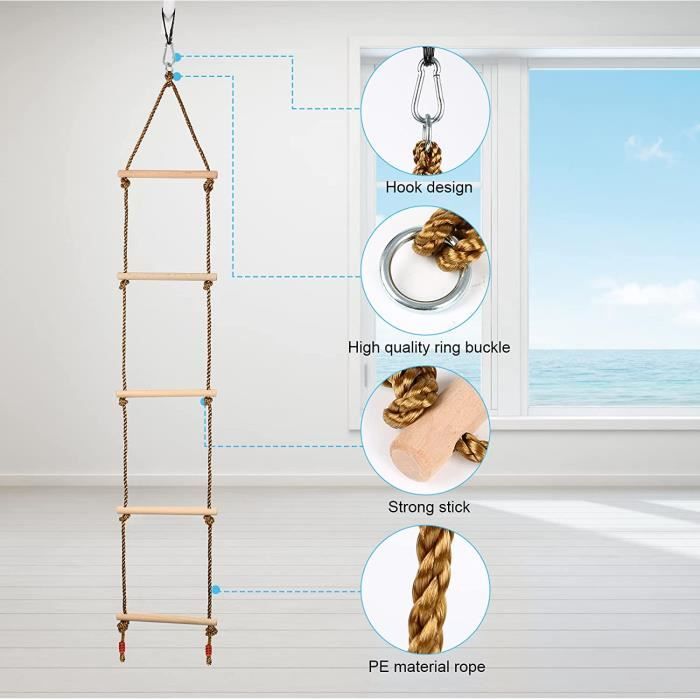 H2i Échelle De Corde Suspendue 6 Barreaux En Bois – Hauteur 220 Cm, Avec Mousquetons – Escalade Extérieur Enfant