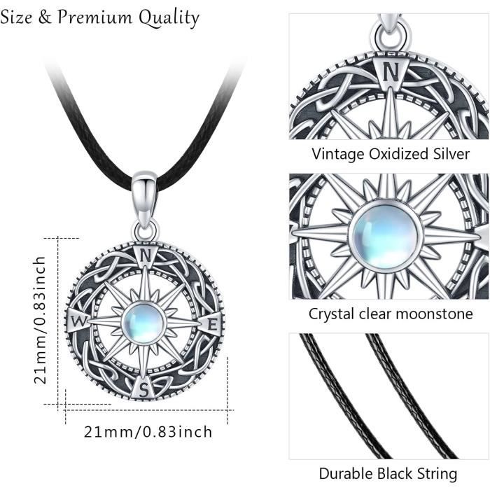 COOLSTEELANDBEYOND Homme Femme Acier Vintage Boussole Cercle Médaille Collier Pendentif Pierres Turquoise - 60CM Chaîne blé - Deux Côtés