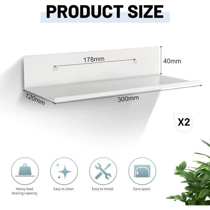 Lot De 2 étagères Murales Sans Perçage - 30cm Et 40cm - Métal Noir - Pour Salle De Bain, Cuisine, Chambre - Charge Max 4kg Par étagère