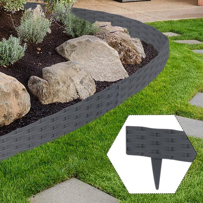 Bordure De Pelouse En Plastique Aspect Rotin - Flexible Et Résistante - 10 M De Longueur, Hauteur 20 Cm - Gris Anthracite