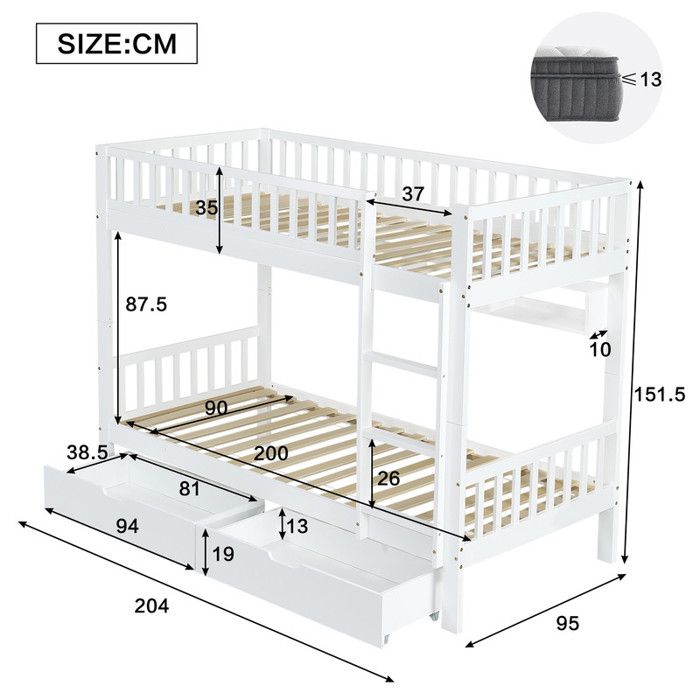 Lit superposé enfant 90x200 et 140x200 cm en bois avec toboggan et