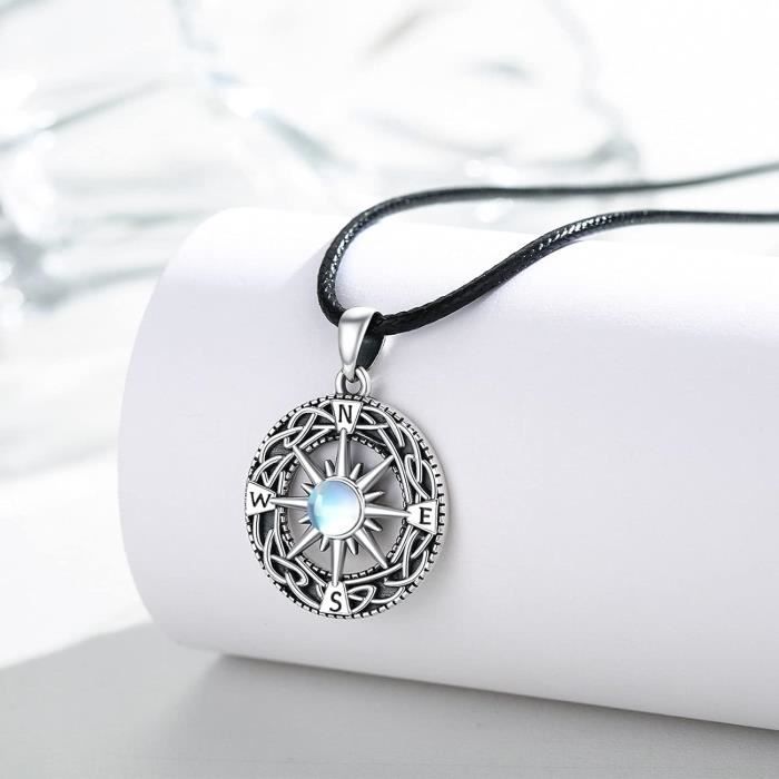 REDSUN Collier Médaillon Boussole En Argent 925 – Pierre De Lune & Nœud Celtique, Médaillon Photo Personnalisable, Bijou Élégant Homme Femme Enfant