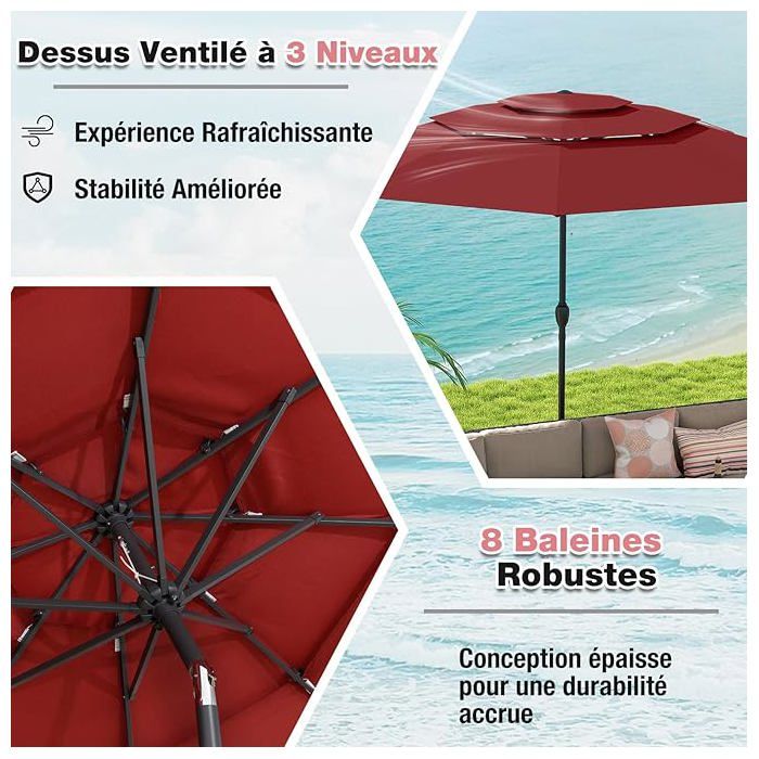 COSTWAY - Parasol Déporté 3x3 M à 3 Niveaux - Double Ventilation, Inclinaison Manuelle, Mât Aluminium - Pour Jardin, Terrasse, Piscine