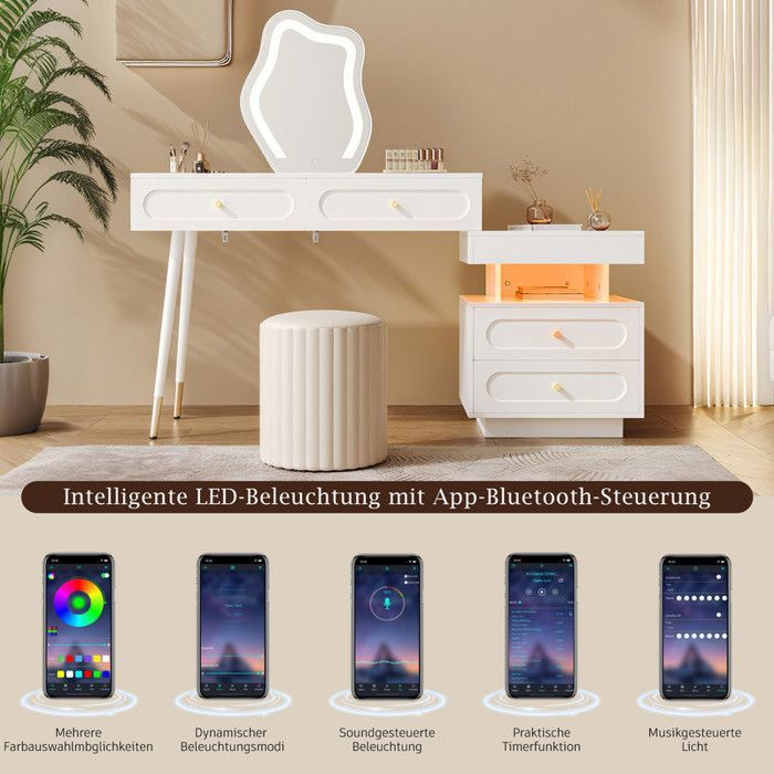 Coiffeuse Avec Miroir LED Et Tiroirs - Table Maquillage 62x39x151 Cm Avec Prises Et Support Sèche-Cheveux